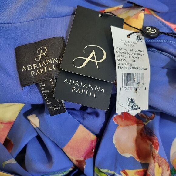Adrianna Papell Floral Stretch Crepe Halter Dress High-Low Hem NWT Size 14 blue - Picture 5 of 5